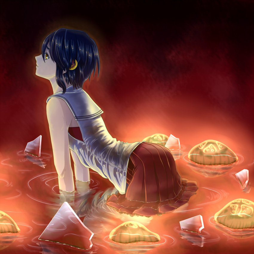 1girl, all_fours, anchor_print, broken_glass, brown_eyes, from_side, full_body, glass