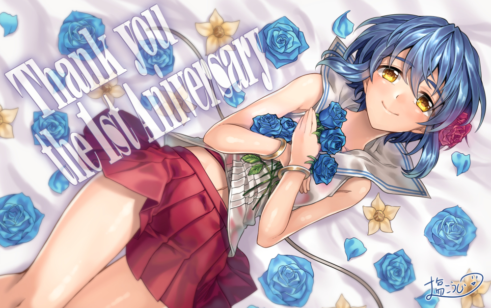 1girl, anniversary, artist_name, bangle, belly_peek, blue_hair, blue_rose, blush