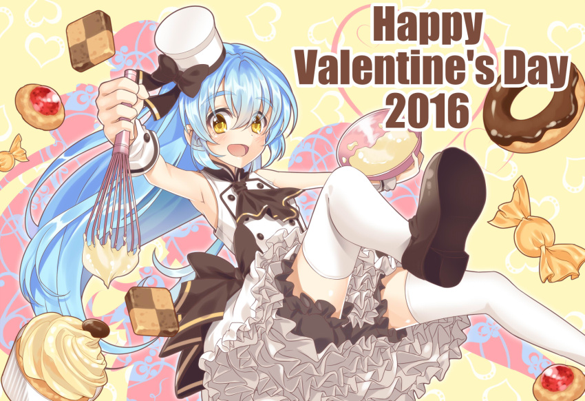 1girl, 2016, :d, ascot, bloomers, blue_hair, blush, bowl, brown_footwear, checkerboard_cookie, child, cookie, cupcake, doughnut, english, eyebrows_visible_through_hair, food, hair_between_eyes, happy_valentine, hat, heart, high-waist_skirt, highres, holding, loafers, long_hair, looking_at_viewer, matsusatoru_kouji, mini_hat, mixing_bowl, nakanobe_mari, number, official_art, open_mouth, outstretched_arm, shirt, shizuku_no_oto, shoes, silhouette, skirt, smile, solo, thigh-highs, underwear, valentine, very_long_hair, whisk, white_hat, white_legwear, white_shirt, wrapped_candy, wrist_cuffs, yellow_background, yellow_eyes