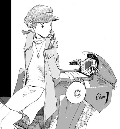 hat, jacket, jewelry, kasahara_tetsuro, lowres, monochrome, pendant, rideback, skirt, umemura_shouko