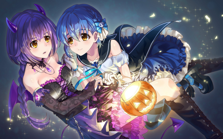 2girls, bare_shoulders, black_footwear, blue_hair, blue_skirt, blush, boots, bow