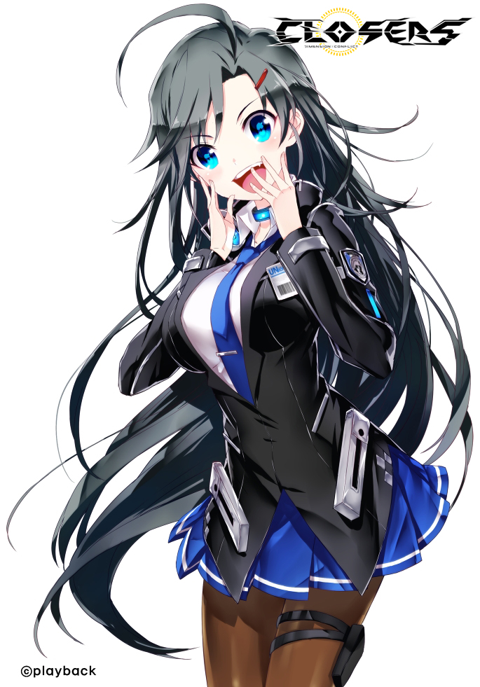 >:d, 1girl, :d, ahoge, artist_name, black_hair, blue_eyes, blue_neckwear