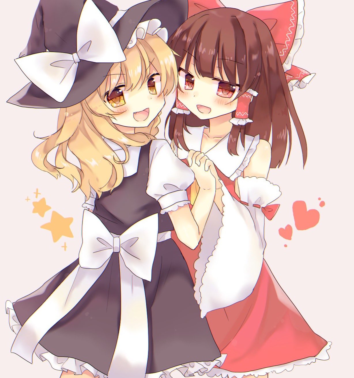 >:d, 2girls, :d, ascot, blonde_hair, blush, bow, brown_hair
