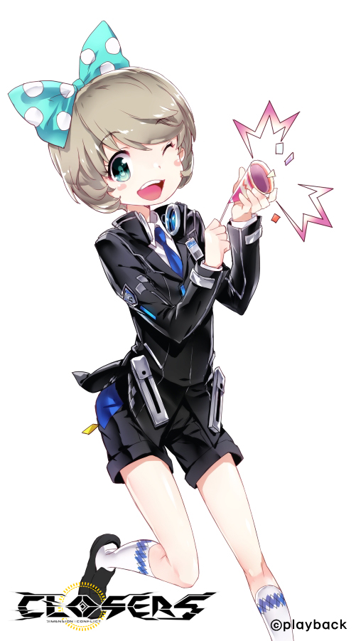 1boy, ;d, artist_name, blonde_hair, blue_neckwear, bow, closers, collared_shirt