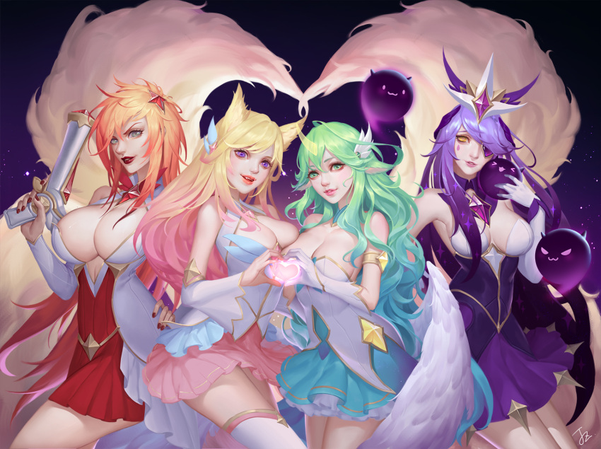 4girls, ahri, alternate_costume, alternate_eye_color, alternate_hair_length, alternate_hairstyle, animal_ears, aqua_skirt