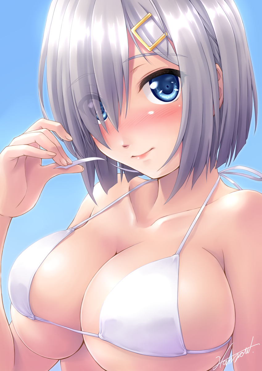 1girl, absurdres, blue_eyes, blush, breasts, cleavage, eyes_visible_through_hair, hair_ornament