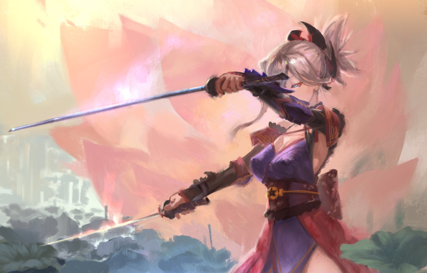 1girl, armpits, asymmetrical_bangs, bangs, bare_shoulders, blue_eyes, dual_wielding, fate/grand_order, fate_(series), hair_ribbon, highres, japanese_clothes, katana, lynchis, miyamoto_musashi_(fate/grand_order), ribbon, silver_hair, solo, sword, vambraces, weapon