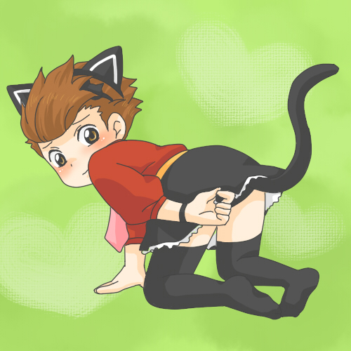animal_ears, bad_id, blush, brown_eyes, brown_hair, cat_ears, cat_tail, child