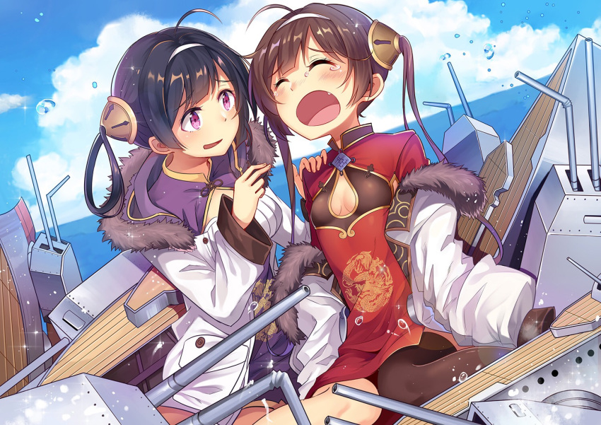 2girls, ahoge, alter_(pixiv16866883), azur_lane, black_hair, breasts, brown_hair, cannons