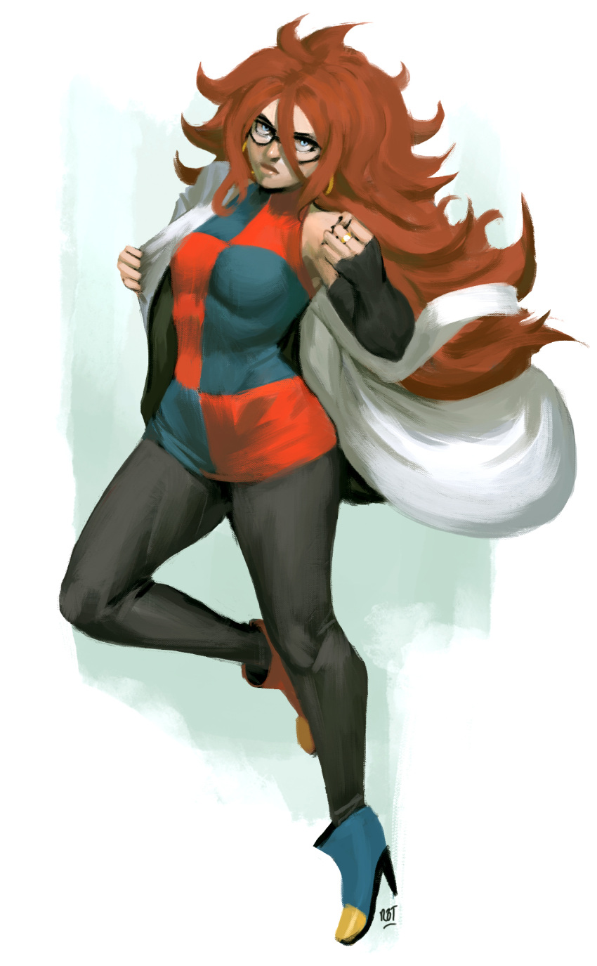 1girl, android_21, ankle_boots, arm_warmers, bare_shoulders, big_hair, black-framed_eyewear, black_legwear