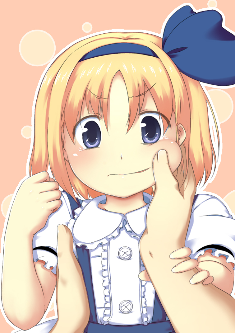 alice_margatroid, alice_margatroid_(pc-98), angry, blonde_hair, blue_eyes, cheek_pinch, cheek_pinching, pinch, pinching, ribbon, tears, touhou, touhou_(pc-98), uro
