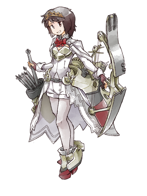 1girl, ark_royal_(kantai_collection), ark_royal_(kantai_collection)_(cosplay), bow_(weapon), brown_eyes, brown_gloves, brown_hair, cleavage_cutout