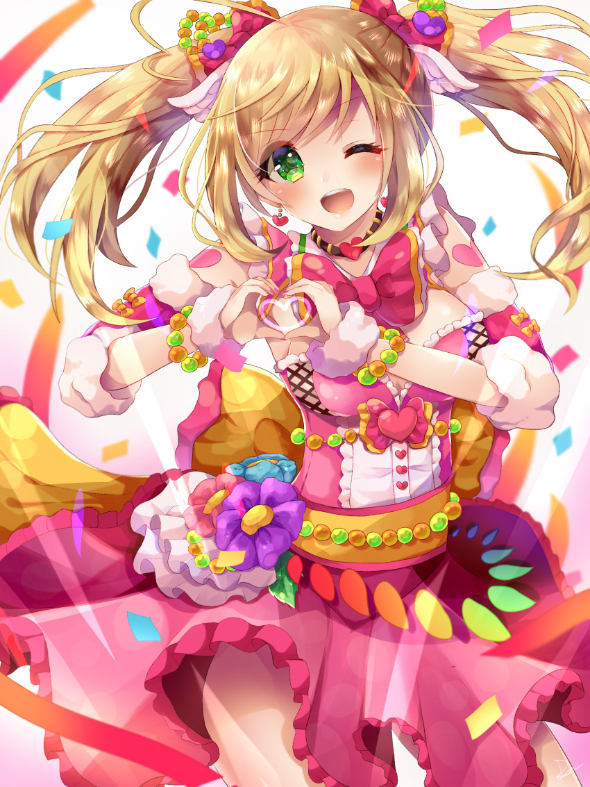 1girl, ;d, absurdres, arm_warmers, beads, bow, breasts, dress