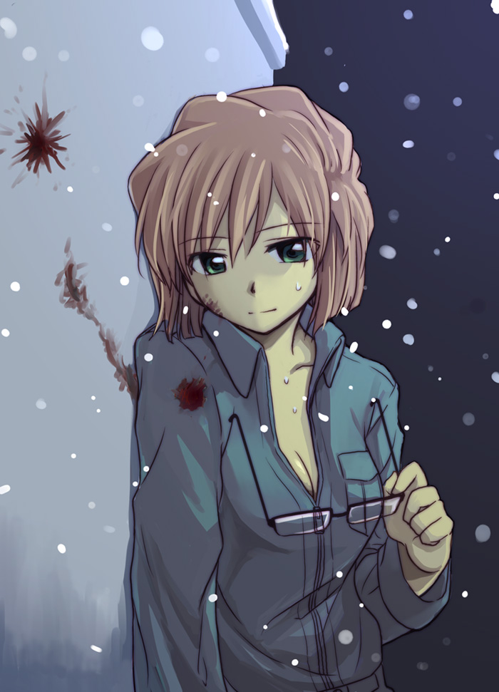 adult, blood, breasts, brown_hair, cleavage, detective_conan, glasses, glasses_removed