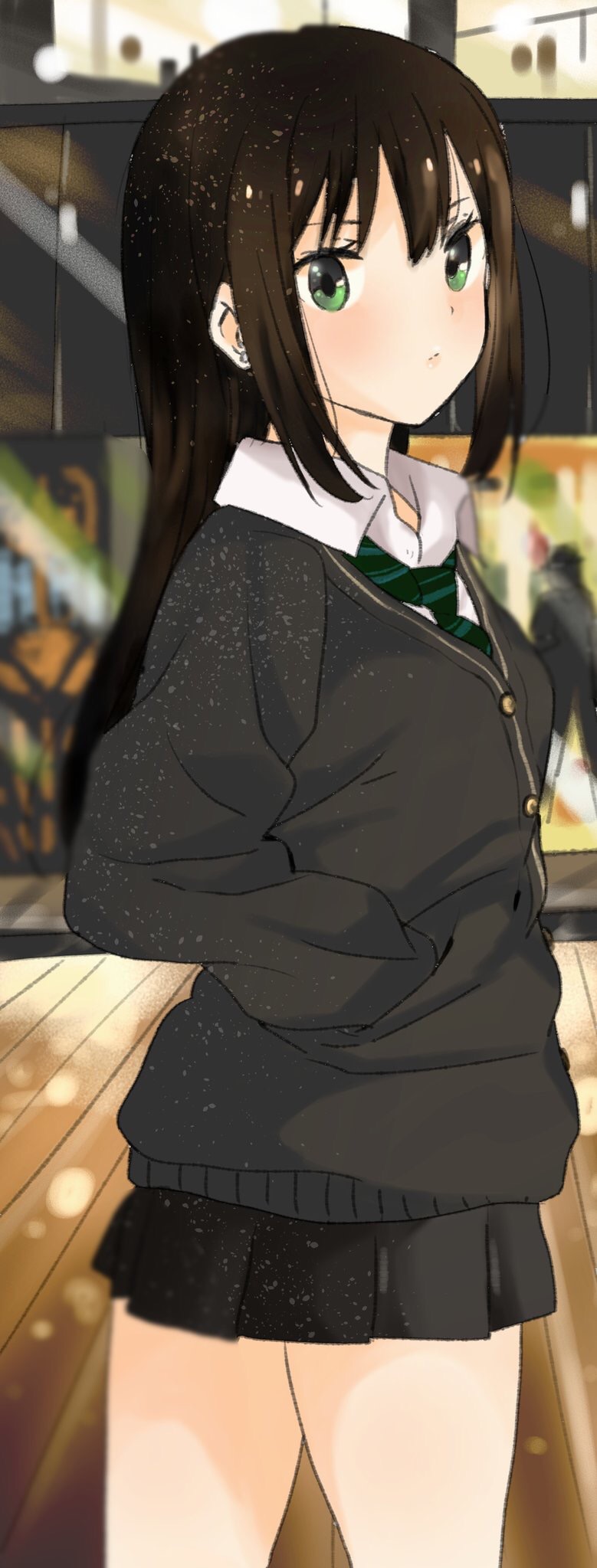 1girl, 216_zig, black_skirt, black_sweater, blush, brown_hair, cardigan, commentary_request, green_eyes, green_necktie, hands_in_pockets, highres, idolmaster, idolmaster_cinderella_girls, lighting, long_hair, looking_at_viewer, necktie, pleated_skirt, school_uniform, shibuya_rin, skirt, solo, sweater, thighs