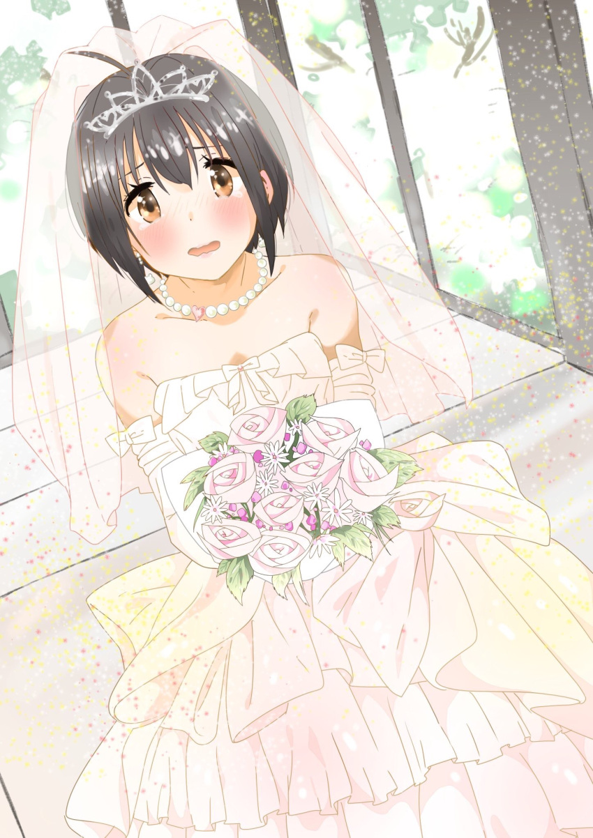 1girl, 216_zig, ahoge, bangs, bare_shoulders, black_hair, blush, bouquet
