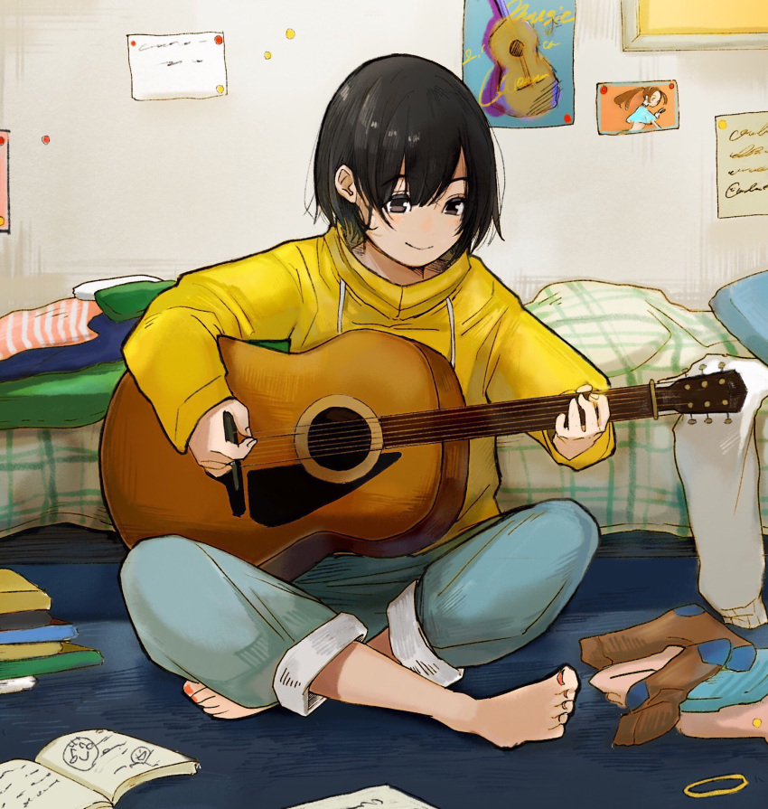 1girl, bangs, barefoot, bed, bed_sheet, black_hair, blue_pants, book