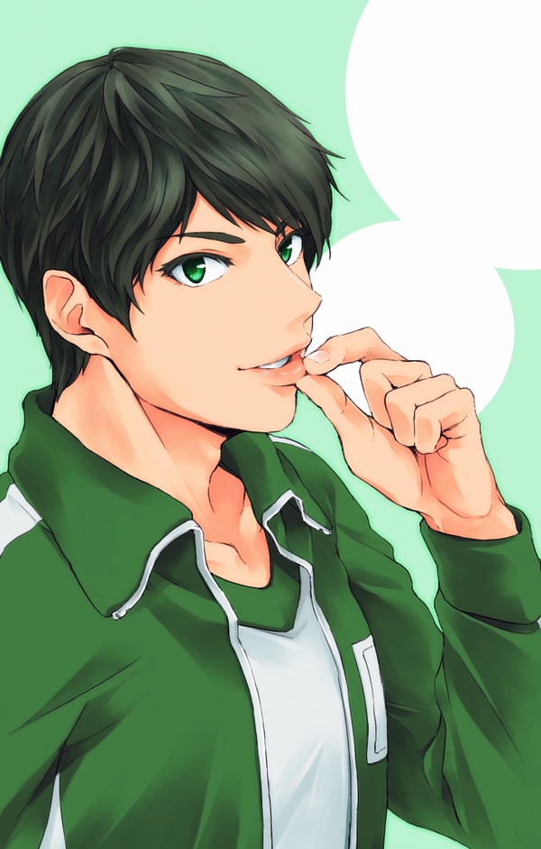 1boy, amagi_ikuma, bangs, collarbone, green_background, green_eyes, green_hair, jacket
