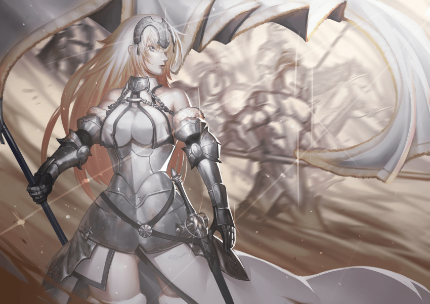 1girl, absurdres, armor, armored_dress, bangs, bare_shoulders, blonde_hair, blue_eyes