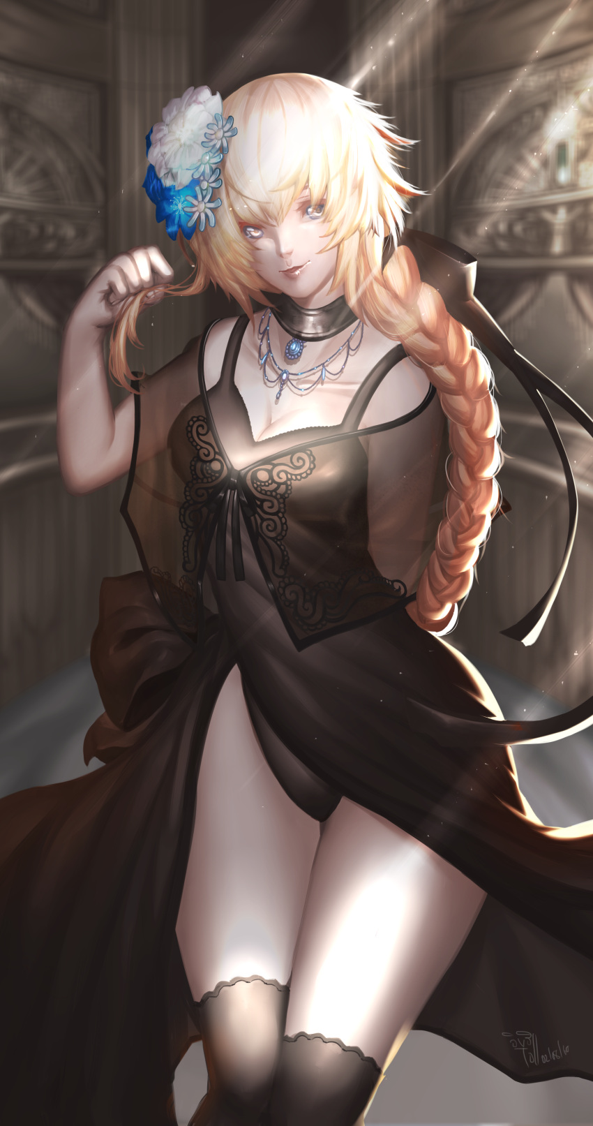 1girl, absurdres, bangs, black_dress, black_legwear, black_panties, blonde_hair, blue_eyes