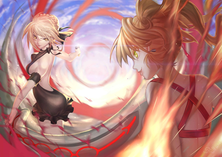 >:(, 2girls, absurdres, artoria_pendragon_(all), artoria_pendragon_(swimsuit_rider_alter)_(fate), backless_outfit, bangs, bare_back