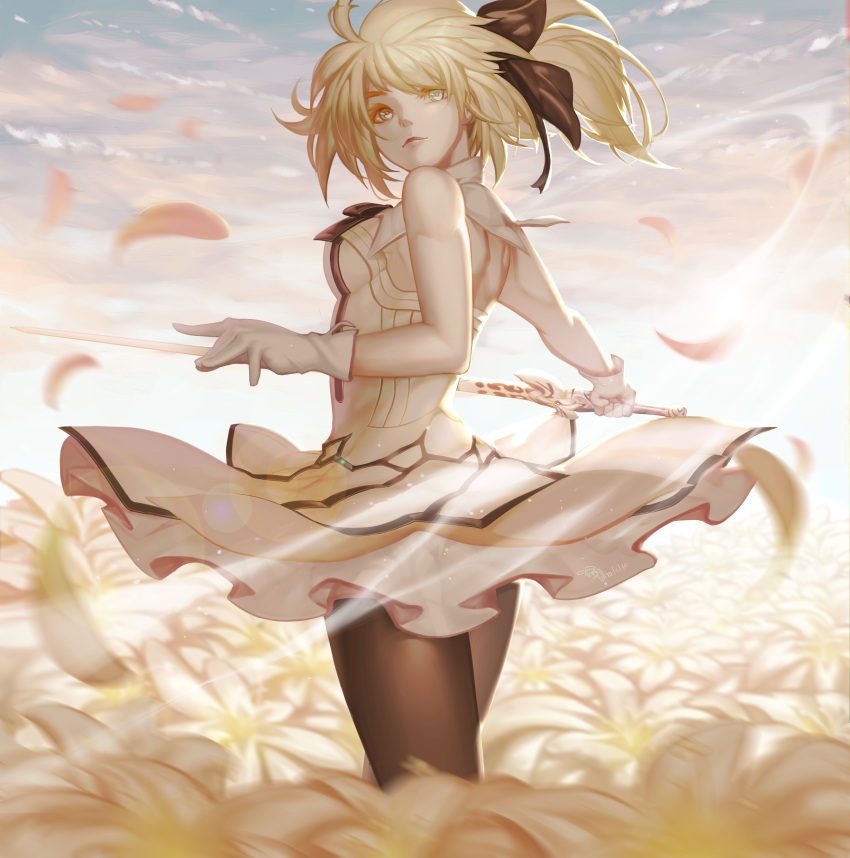 1girl, absurdres, artoria_pendragon_(all), bangs, bare_shoulders, black_legwear, blonde_hair, breasts