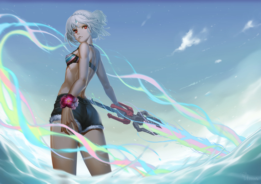 1girl, absurdres, altera_(fate), ass, bare_shoulders, blue_sky, breasts, closed_mouth