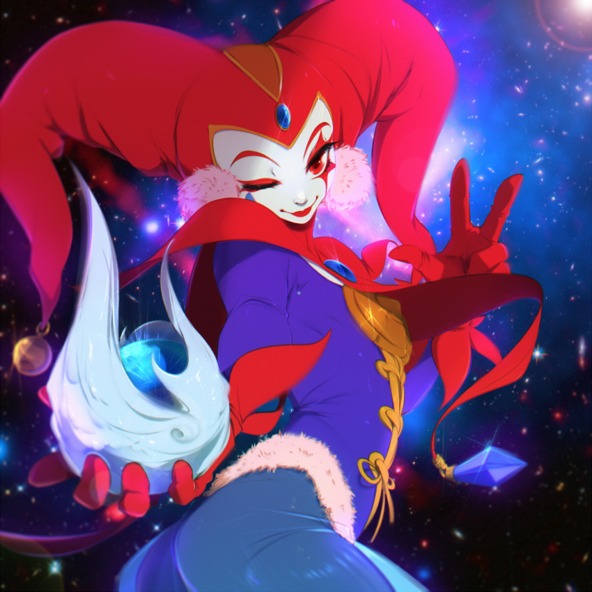 1girl, bodysuit, chrono_cross, facepaint, harlequin, hat, highres, jester_cap