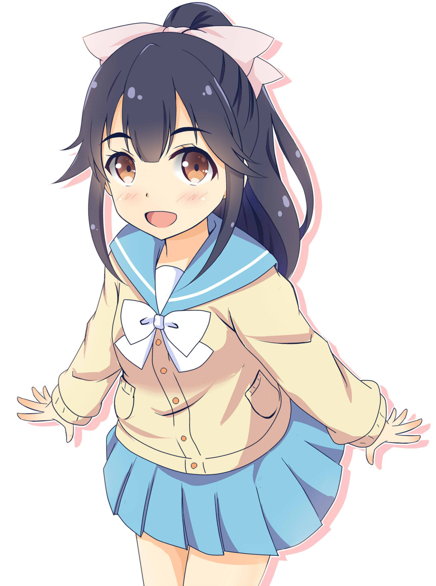 1girl, :d, absurdres, black_hair, blue_skirt, blush, brown_eyes, girlish_number