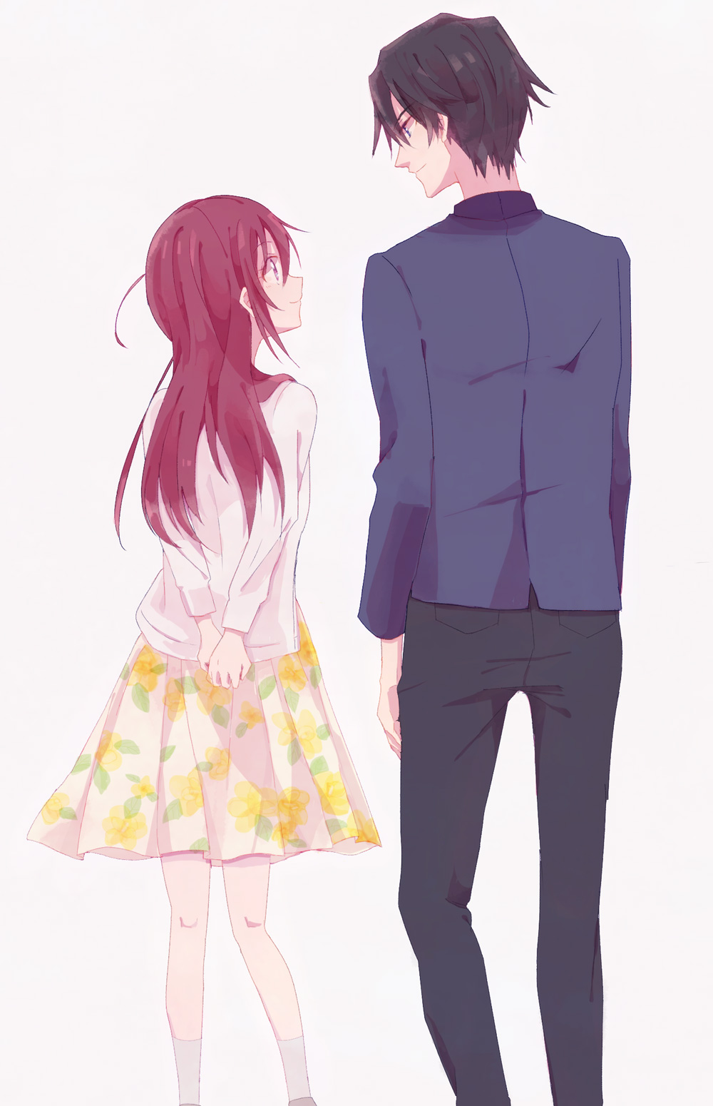 1boy, 1girl, arms_at_sides, arms_behind_back, black_hair, black_pants, brother_and_sister, brown_hair