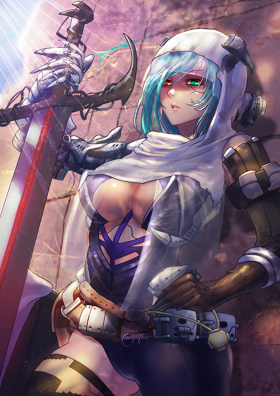 1girl, asymmetrical_clothes, belt, blue_hair, breasts, cleavage, cowboy_shot, green_eyes