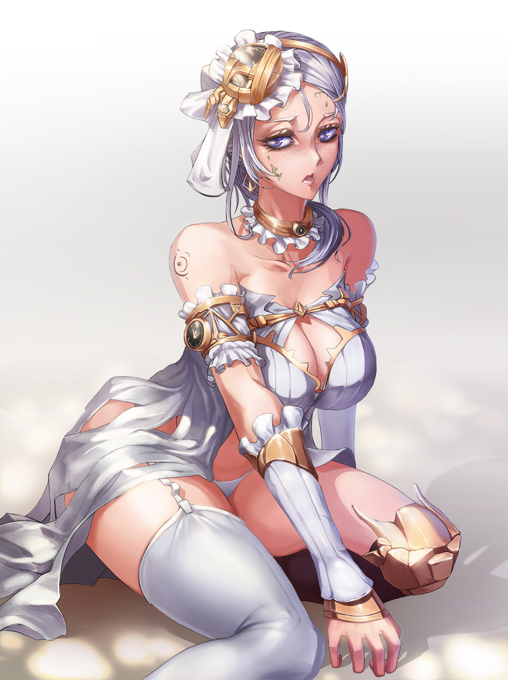 1girl, asymmetrical_legwear, bare_shoulders, black_legwear, breasts, choker, cleavage, cleavage_cutout, collarbone, dress, frilled_choker, frills, garter_straps, grey_eyes, hair_ornament, highres, huihui_(d0250028020), knee_pads, large_breasts, long_hair, looking_at_viewer, mismatched_legwear, original, panties, parted_lips, silver_hair, sitting, solo, tattoo, thigh-highs, underwear, vambraces, white_dress, white_legwear, white_panties