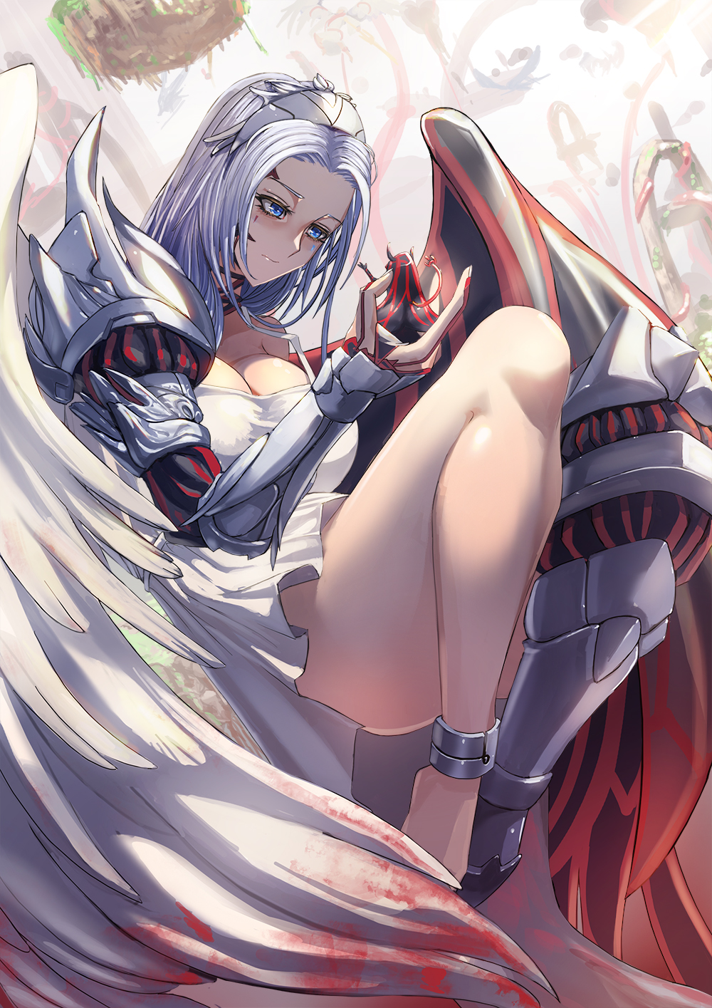 1girl, angel, angel_wings, asymmetrical_wings, blood, blood_stain, blue_eyes, breasts