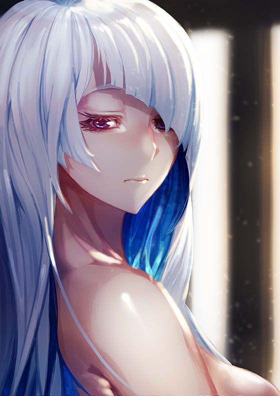 1girl, bare_shoulders, blurry, closed_mouth, depth_of_field, fate/prototype, fate/prototype:_fragments_of_blue_and_silver, fate_(series)