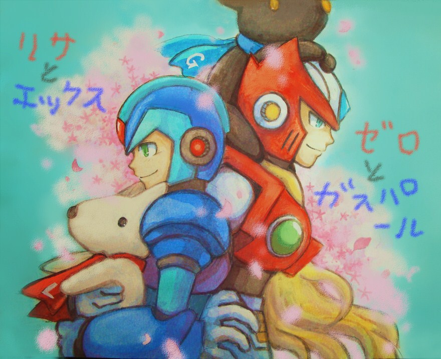 2boys, android, blonde_hair, blue_eyes, dog, green_eyes, long_hair, maikeru
