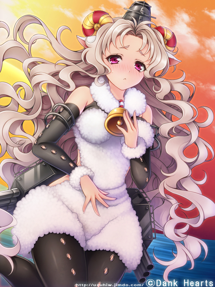 1girl, animal_ears, bare_shoulders, bell, black_legwear, blush, cannon, detached_sleeves