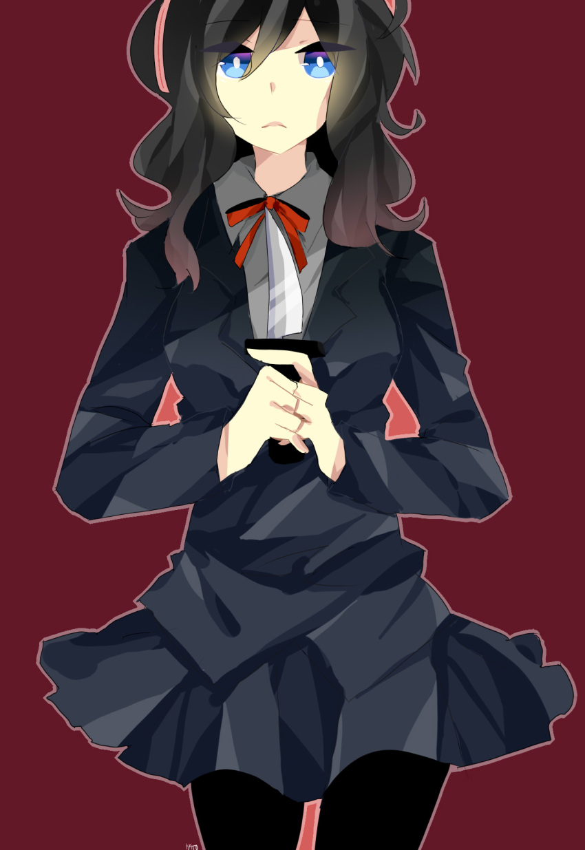 1girl, artist_request, bangs, black_legwear, blazer, blue_eyes, brown_hair, highres