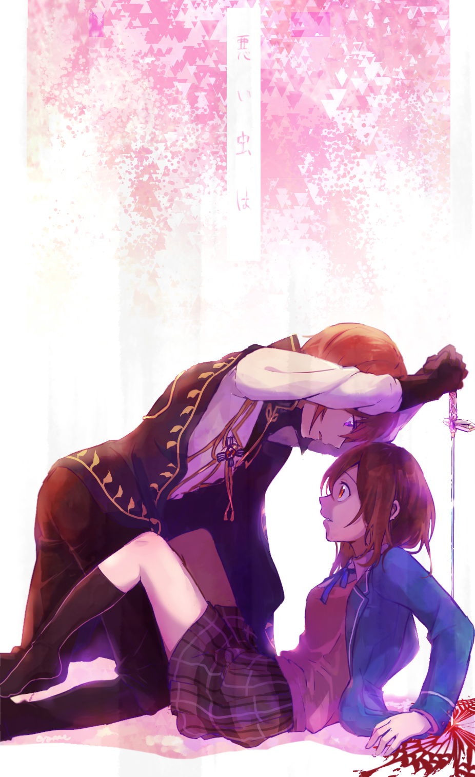 1boy, 1girl, anzu_(ensemble_stars!), ayame_(ayame122snow), black_gloves, blazer, brown_hair, ensemble_stars!
