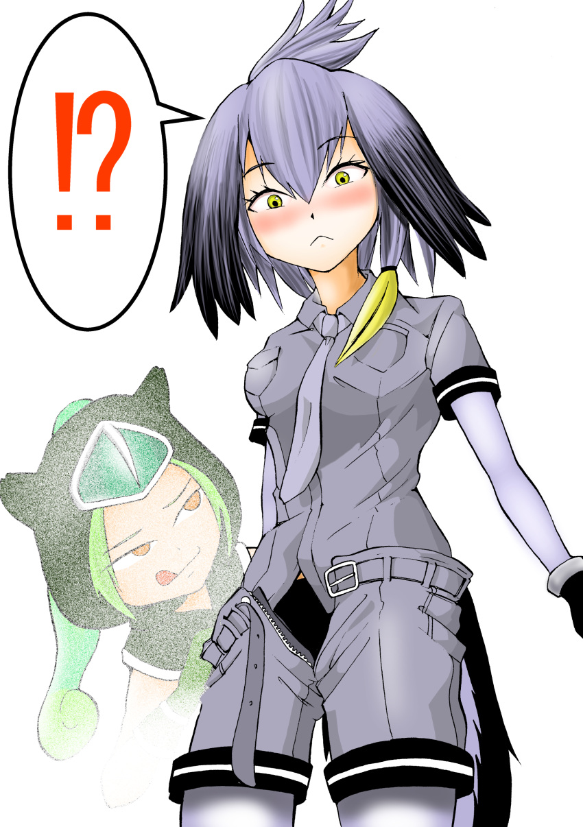 !?, 1629doyasa, 2girls, :q, absurdres, arms_at_sides, assisted_exposure, belt, belt_buckle, bird_tail, black_gloves, black_hair, blonde_hair, blush, breast_pocket, buckle, collared_shirt, cowboy_shot, eyebrows_visible_through_hair, female_pervert, gloves, green_hair, grey_hair, grey_necktie, grey_shirt, grey_shorts, hair_between_eyes, half-closed_eyes, highres, hood, hood_up, invisible, kemono_friends, licking_lips, long_hair, looking_at_another, low_ponytail, multicolored_hair, multiple_girls, necktie, open_clothes, open_fly, open_shorts, orange_eyes, panther_chameleon_(kemono_friends), pantyhose, pervert, pocket, shirt, shoebill_(kemono_friends), short_sleeves, shorts, side_ponytail, simple_background, sleeveless, standing, tail, tongue, tongue_out, unbuckled_belt, underwear, undone_belt, undressing, unzipped, white_background, yellow_eyes