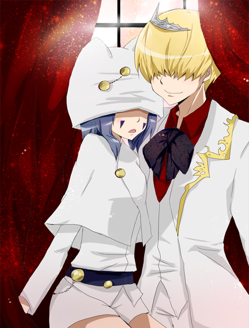 1boy, 1girl, bad_id, bad_pixiv_id, belphegor_(reborn), blonde_hair, formal, hair_over_eyes