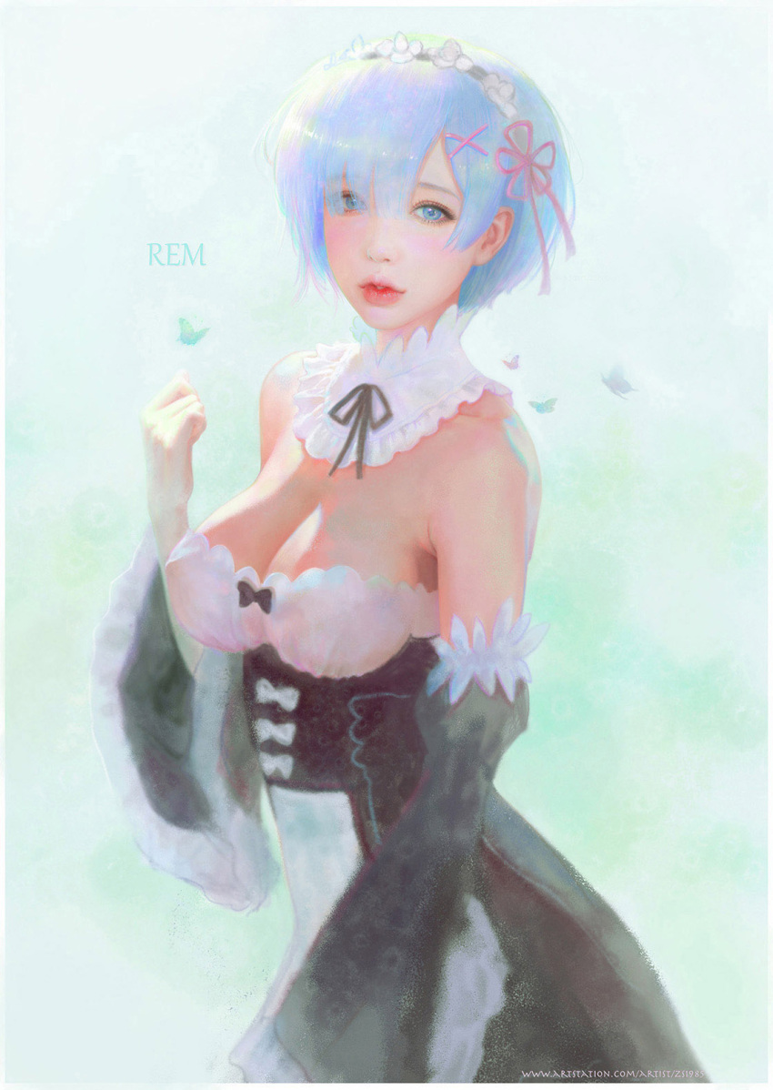 1girl, arm_up, artist_name, artstation_username, bangs, black_bow, black_dress, black_ribbon