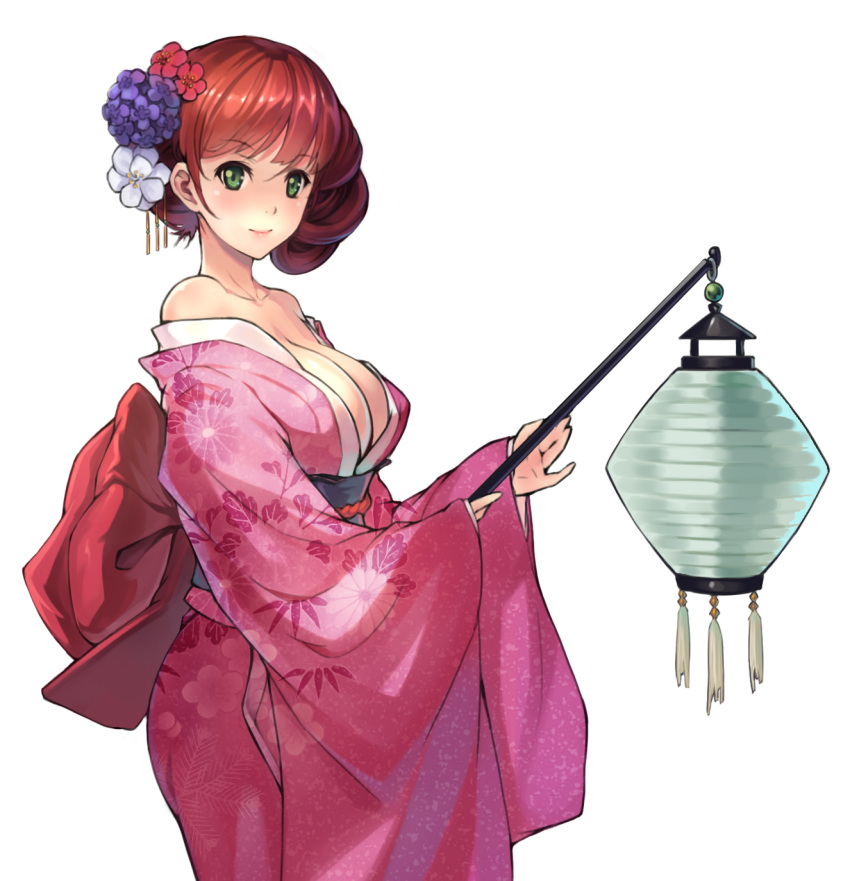 1girl, bare_shoulders, breasts, brown_hair, cleavage, flower, green_eyes, hair_flower