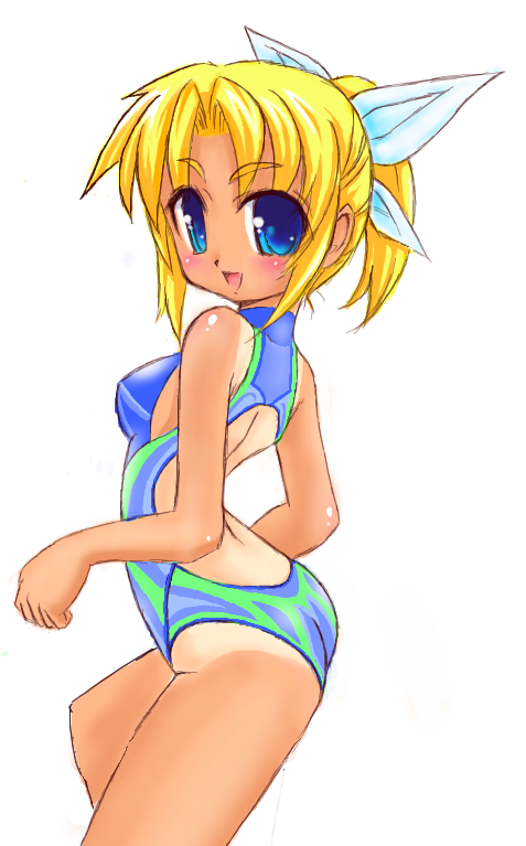 blue_eyes, miyauchi_lemmy, one-piece_swimsuit, ponytail, short_hair, swimsuit, tan, tanline, teiou_netsuaimaru, to_heart, turtleneck