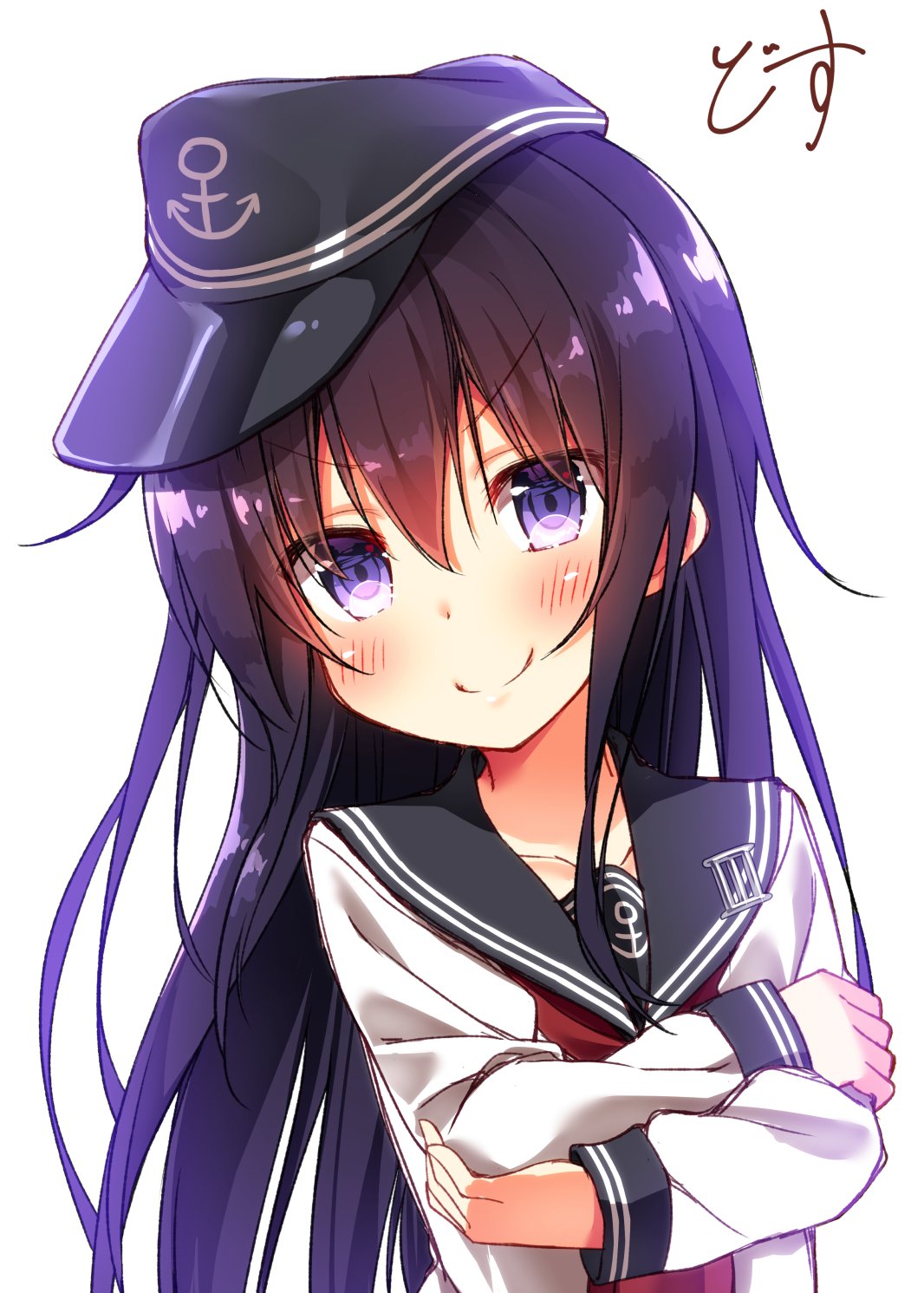 1girl, akatsuki_(kantai_collection), anchor_symbol, artist_name, black_hair, black_hat, black_sailor_collar, dosu_(yodosu)