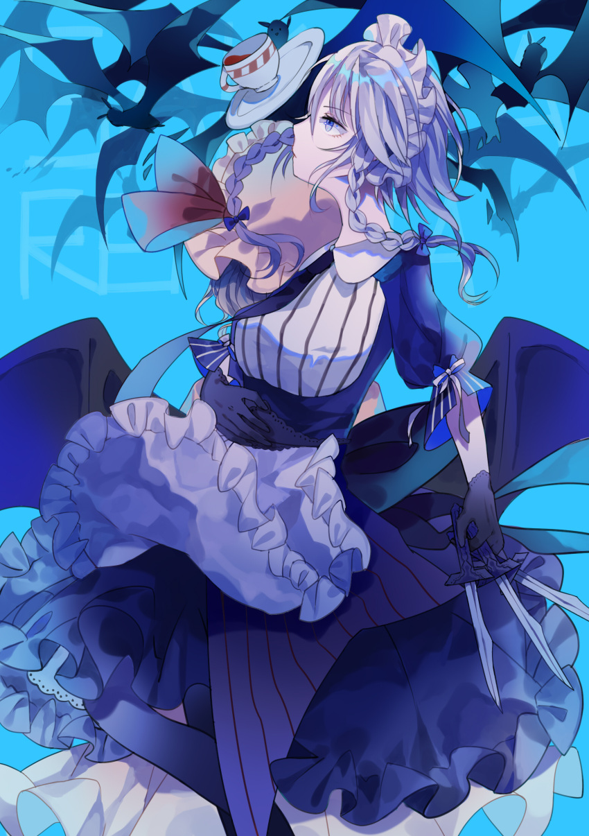 2girls, absurdres, bat, black_gloves, blue_eyes, braid, chocolate_(jitong), cup