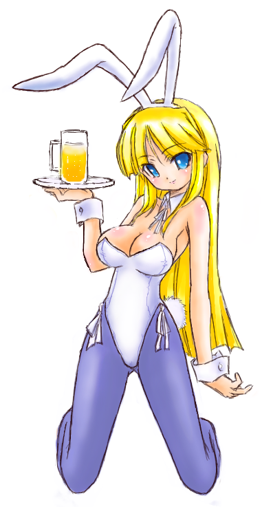 beer, blonde_hair, blue_eyes, bunny_ears, bunnysuit, cup, kneeling, long_hair