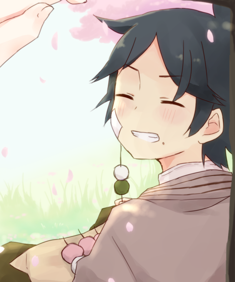 1boy, black_hair, cherry_blossoms, dango, ensemble_girls!, food, grass, grin
