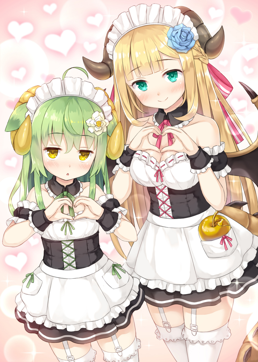 2girls, :o, ahoge, alternate_costume, animal_ears, apple, apron, asatsuki_(monmusume-harem)