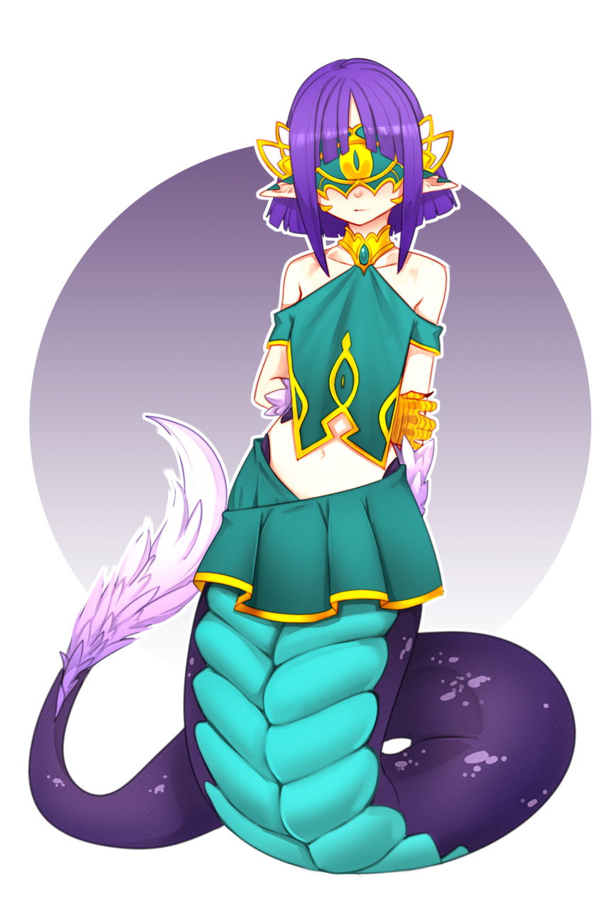 1girl, arms_behind_back, artist_request, bangs, bare_shoulders, basilisk_(monster_girl_encyclopedia), blunt_bangs, blush