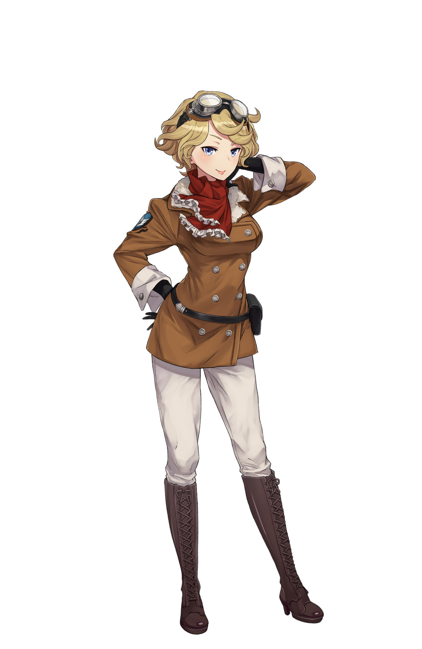 1girl, black_gloves, blue_eyes, boots, brown_footwear, full_body, gloves, goggles